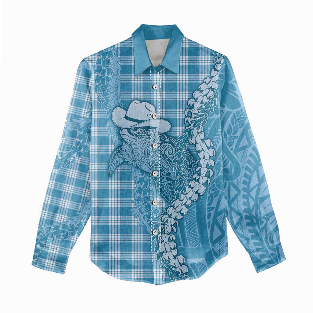 Blue Hawaii Palaka Cowboy Turtle Women Casual Shirt Hawaiian Paniolo Puakenikeni Maile Lei - Polynesian Pride