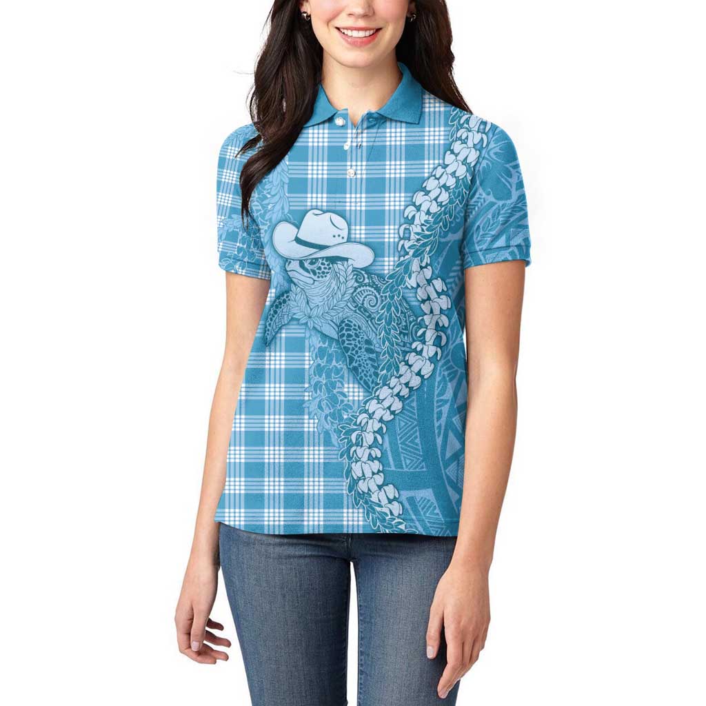 Blue Hawaii Palaka Cowboy Turtle Women Polo Shirt Hawaiian Paniolo Puakenikeni Maile Lei - Polynesian Pride