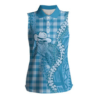 Blue Hawaii Palaka Cowboy Turtle Women Sleeveless Polo Shirt Hawaiian Paniolo Puakenikeni Maile Lei DT05 Female Blue - Polynesian Pride
