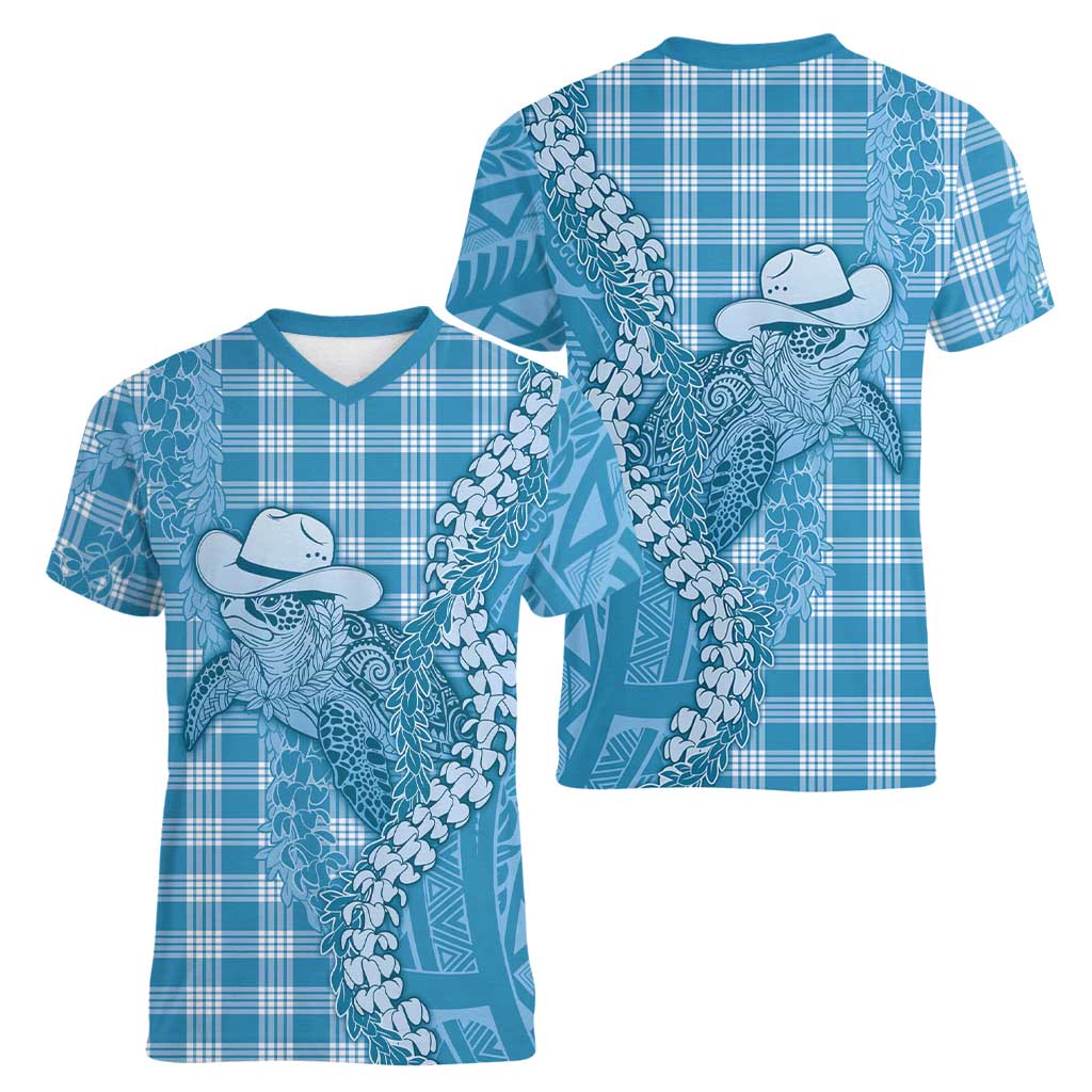 Blue Hawaii Palaka Cowboy Turtle Women V-Neck T-Shirt Hawaiian Paniolo Puakenikeni Maile Lei DT05 - Polynesian Pride