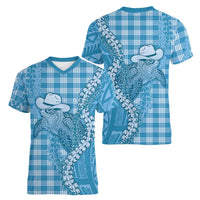 Blue Hawaii Palaka Cowboy Turtle Women V-Neck T-Shirt Hawaiian Paniolo Puakenikeni Maile Lei DT05 - Polynesian Pride