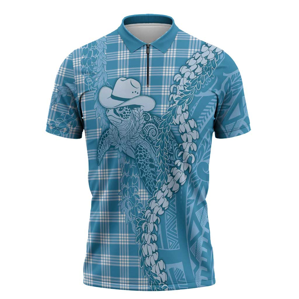 Blue Hawaii Palaka Cowboy Turtle Zipper Polo Shirt Hawaiian Paniolo Puakenikeni Maile Lei DT05 Blue - Polynesian Pride