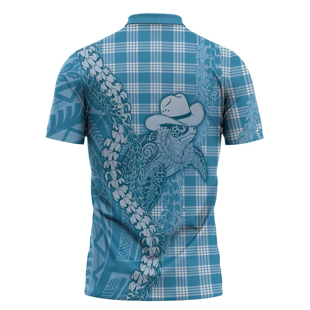 Blue Hawaii Palaka Cowboy Turtle Zipper Polo Shirt Hawaiian Paniolo Puakenikeni Maile Lei DT05 - Polynesian Pride