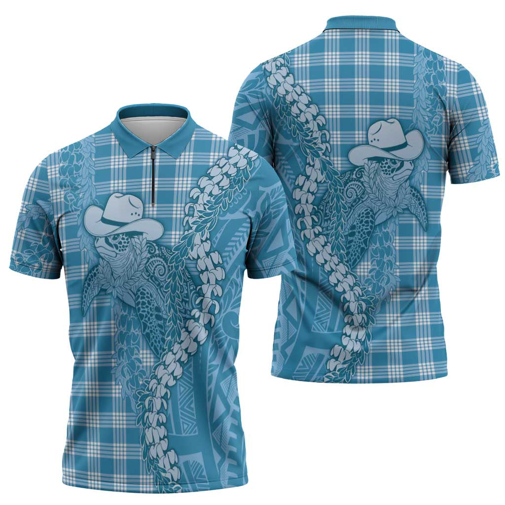 Blue Hawaii Palaka Cowboy Turtle Zipper Polo Shirt Hawaiian Paniolo Puakenikeni Maile Lei DT05 - Polynesian Pride