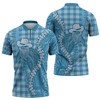 Blue Hawaii Palaka Cowboy Turtle Zipper Polo Shirt Hawaiian Paniolo Puakenikeni Maile Lei DT05 - Polynesian Pride