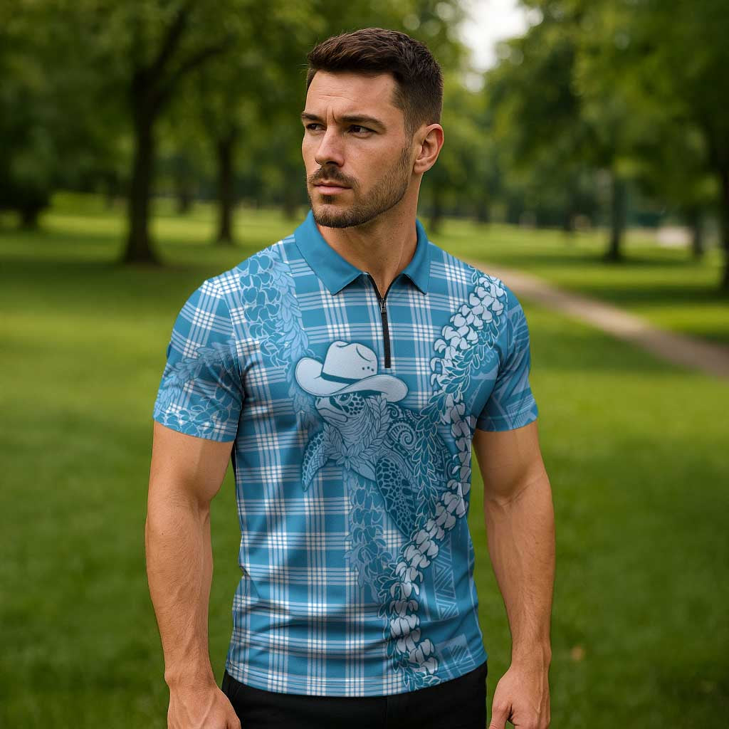 Blue Hawaii Palaka Cowboy Turtle Zipper Polo Shirt Hawaiian Paniolo Puakenikeni Maile Lei DT05 - Polynesian Pride
