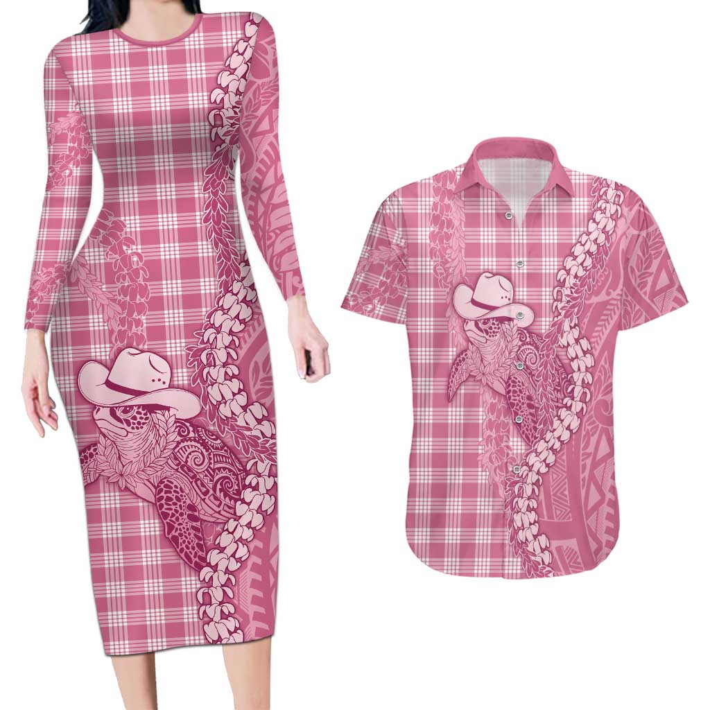 Pink Hawaii Palaka Cowboy Turtle Couples Matching Long Sleeve Bodycon Dress and Hawaiian Shirt Hawaiian Paniolo Puakenikeni Maile Lei DT05 Pink - Polynesian Pride