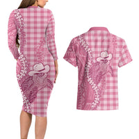 Pink Hawaii Palaka Cowboy Turtle Couples Matching Long Sleeve Bodycon Dress and Hawaiian Shirt Hawaiian Paniolo Puakenikeni Maile Lei DT05 - Polynesian Pride