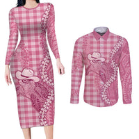 Pink Hawaii Palaka Cowboy Turtle Couples Matching Long Sleeve Bodycon Dress and Long Sleeve Button Shirt Hawaiian Paniolo Puakenikeni Maile Lei DT05 Pink - Polynesian Pride
