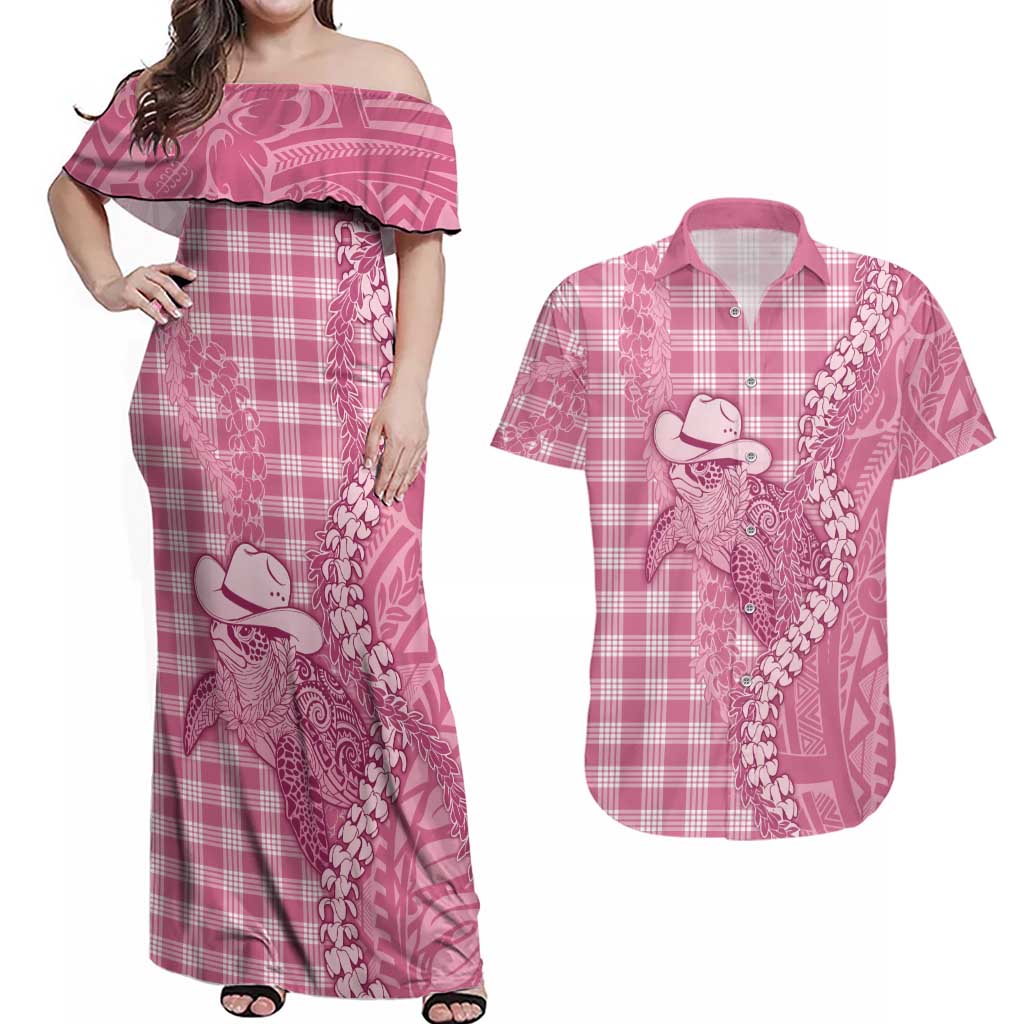 Pink Hawaii Palaka Cowboy Turtle Couples Matching Off Shoulder Maxi Dress and Hawaiian Shirt Hawaiian Paniolo Puakenikeni Maile Lei DT05 Pink - Polynesian Pride