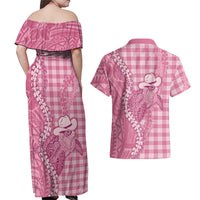Pink Hawaii Palaka Cowboy Turtle Couples Matching Off Shoulder Maxi Dress and Hawaiian Shirt Hawaiian Paniolo Puakenikeni Maile Lei DT05 - Polynesian Pride