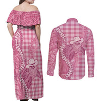 Pink Hawaii Palaka Cowboy Turtle Couples Matching Off Shoulder Maxi Dress and Long Sleeve Button Shirt Hawaiian Paniolo Puakenikeni Maile Lei DT05 - Polynesian Pride
