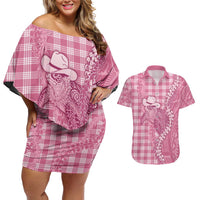 Pink Hawaii Palaka Cowboy Turtle Couples Matching Off Shoulder Short Dress and Hawaiian Shirt Hawaiian Paniolo Puakenikeni Maile Lei DT05 Pink - Polynesian Pride