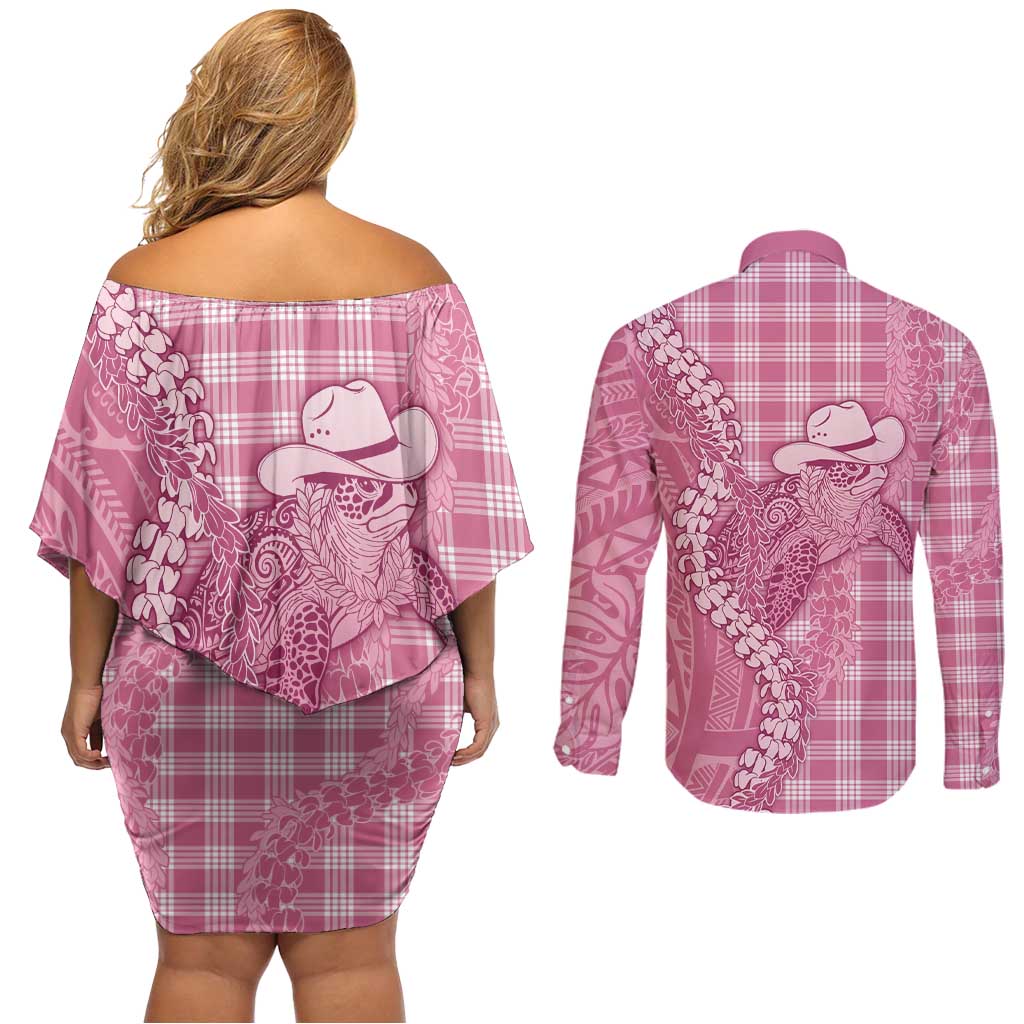 Pink Hawaii Palaka Cowboy Turtle Couples Matching Off Shoulder Short Dress and Long Sleeve Button Shirt Hawaiian Paniolo Puakenikeni Maile Lei DT05 - Polynesian Pride
