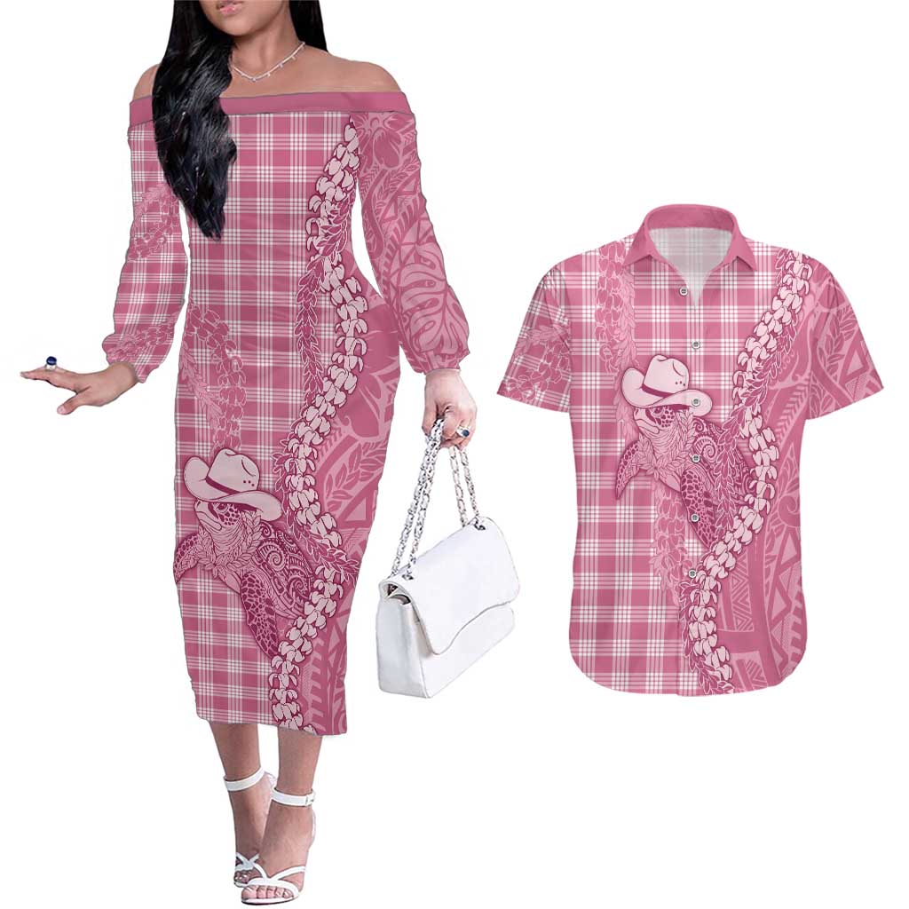 Pink Hawaii Palaka Cowboy Turtle Couples Matching Off The Shoulder Long Sleeve Dress and Hawaiian Shirt Hawaiian Paniolo Puakenikeni Maile Lei DT05 Pink - Polynesian Pride