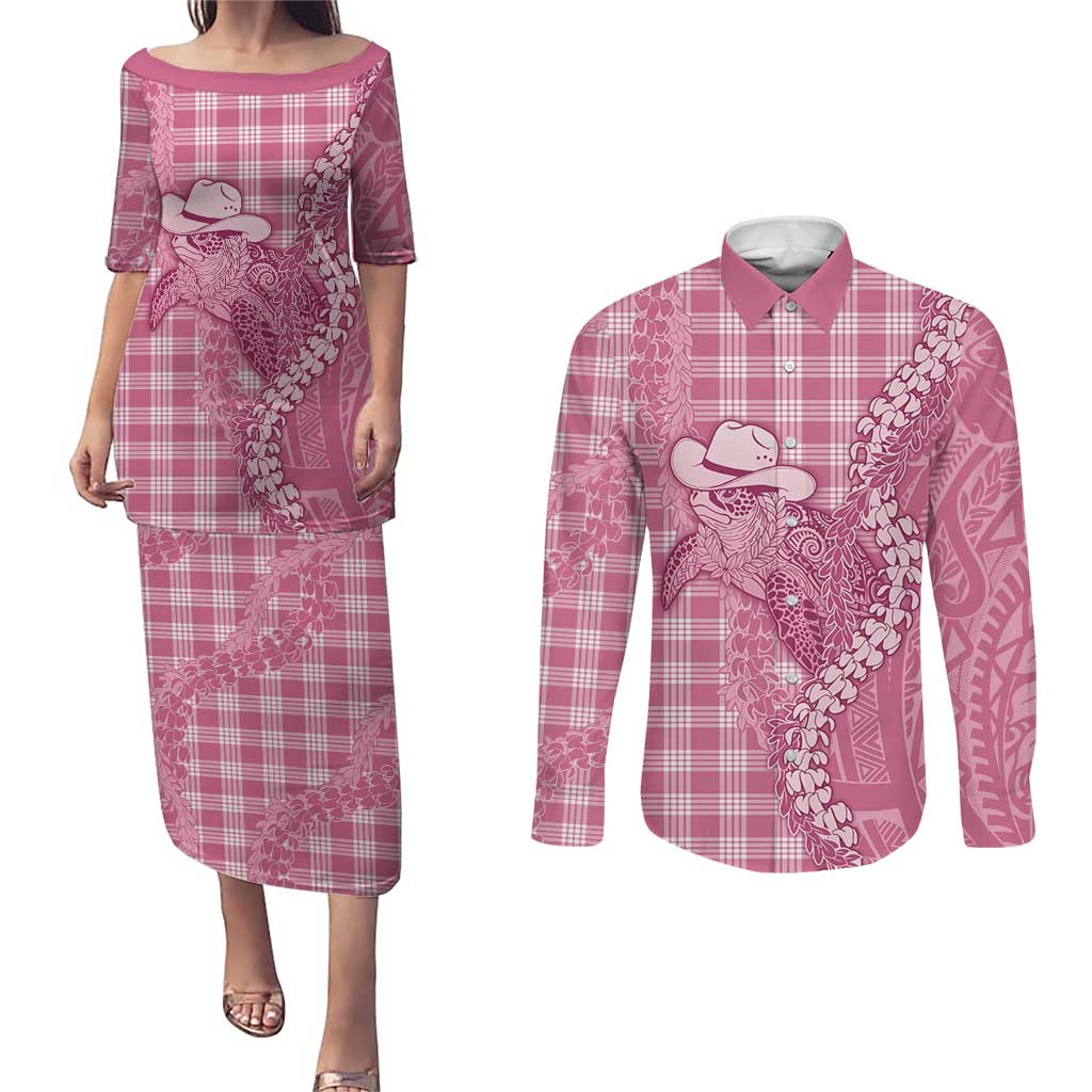 Pink Hawaii Palaka Cowboy Turtle Couples Matching Puletasi and Long Sleeve Button Shirt Hawaiian Paniolo Puakenikeni Maile Lei DT05 Pink - Polynesian Pride