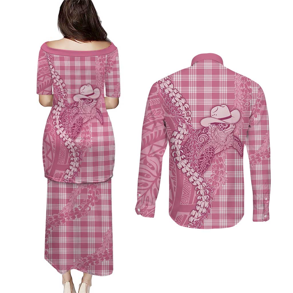 Pink Hawaii Palaka Cowboy Turtle Couples Matching Puletasi and Long Sleeve Button Shirt Hawaiian Paniolo Puakenikeni Maile Lei DT05 - Polynesian Pride