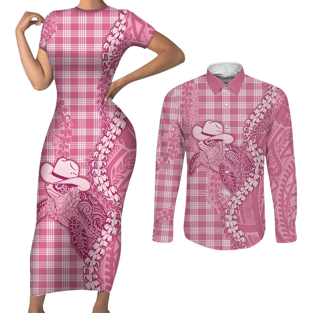 Pink Hawaii Palaka Cowboy Turtle Couples Matching Short Sleeve Bodycon Dress and Long Sleeve Button Shirt Hawaiian Paniolo Puakenikeni Maile Lei DT05 Pink - Polynesian Pride