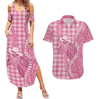 Pink Hawaii Palaka Cowboy Turtle Couples Matching Summer Maxi Dress and Hawaiian Shirt Hawaiian Paniolo Puakenikeni Maile Lei DT05 Pink - Polynesian Pride