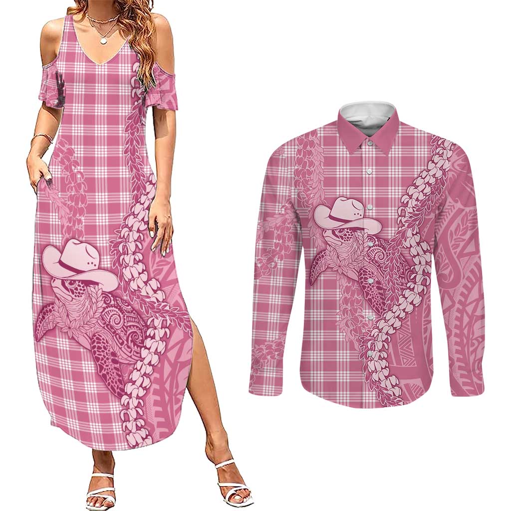 Pink Hawaii Palaka Cowboy Turtle Couples Matching Summer Maxi Dress and Long Sleeve Button Shirt Hawaiian Paniolo Puakenikeni Maile Lei - Polynesian Pride