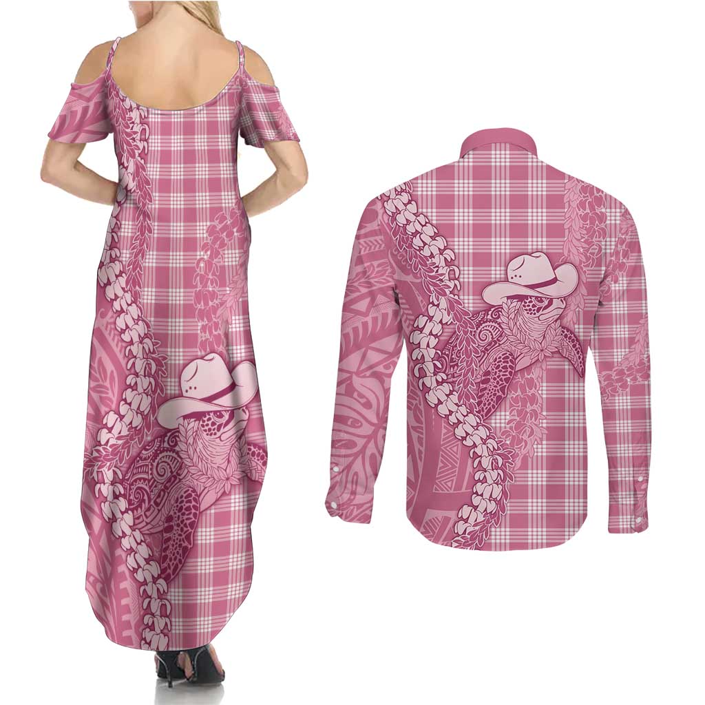 Pink Hawaii Palaka Cowboy Turtle Couples Matching Summer Maxi Dress and Long Sleeve Button Shirt Hawaiian Paniolo Puakenikeni Maile Lei DT05 - Polynesian Pride