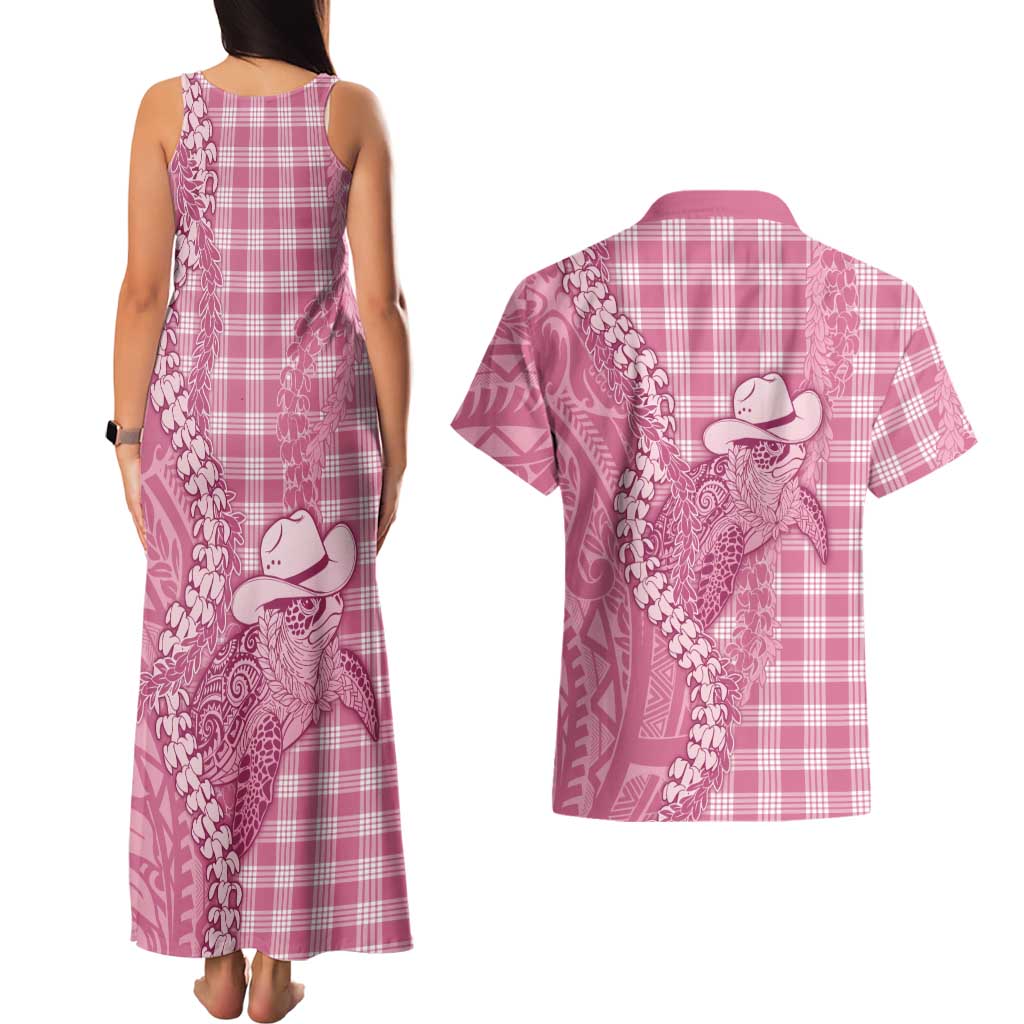 Pink Hawaii Palaka Cowboy Turtle Couples Matching Tank Maxi Dress and Hawaiian Shirt Hawaiian Paniolo Puakenikeni Maile Lei DT05 - Polynesian Pride