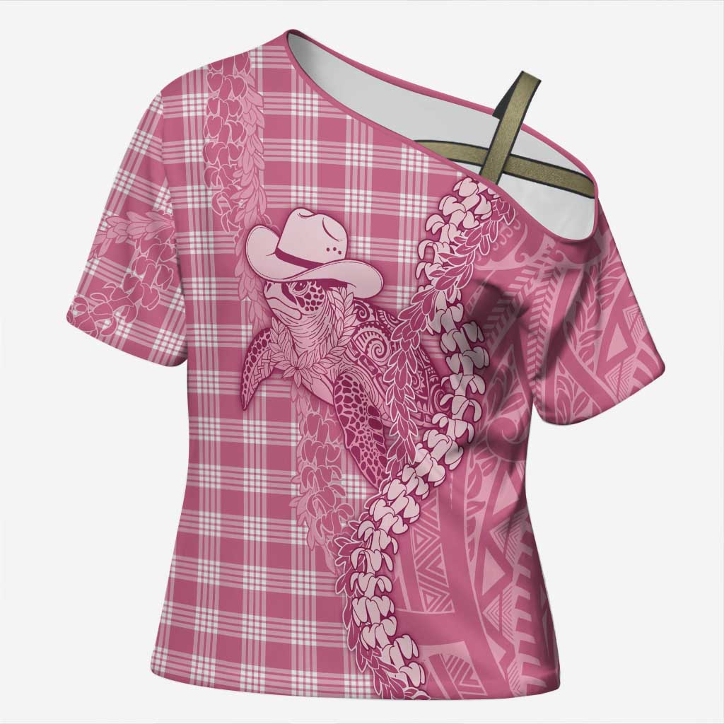 Pink Hawaii Palaka Cowboy Turtle Cross Shoulder Shirt Hawaiian Paniolo Puakenikeni Maile Lei DT05 Female Pink - Polynesian Pride