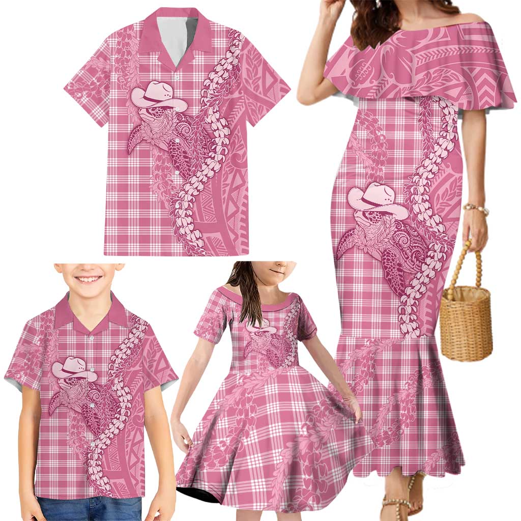 Pink Hawaii Palaka Cowboy Turtle Family Matching Mermaid Dress and Hawaiian Shirt Hawaiian Paniolo Puakenikeni Maile Lei DT05 - Polynesian Pride