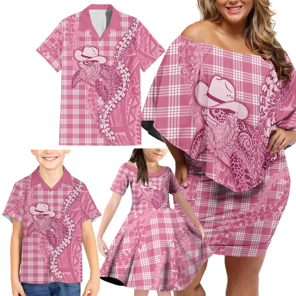 Pink Hawaii Palaka Cowboy Turtle Family Matching Off Shoulder Short Dress and Hawaiian Shirt Hawaiian Paniolo Puakenikeni Maile Lei - Polynesian Pride