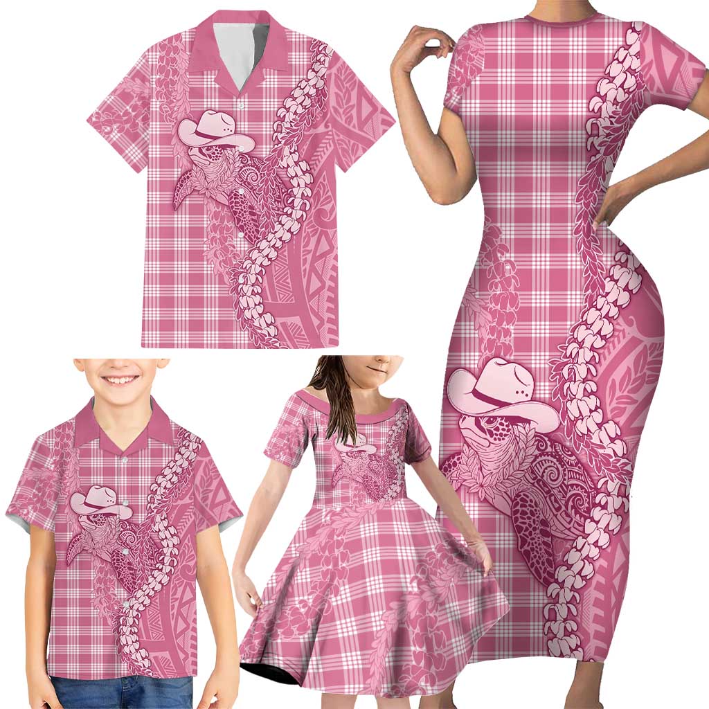 Pink Hawaii Palaka Cowboy Turtle Family Matching Short Sleeve Bodycon Dress and Hawaiian Shirt Hawaiian Paniolo Puakenikeni Maile Lei - Polynesian Pride