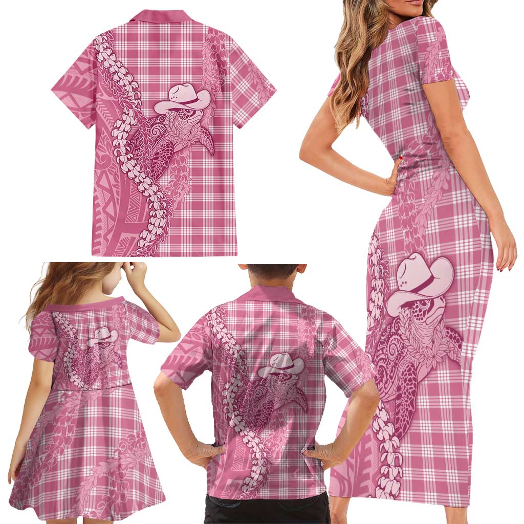 Pink Hawaii Palaka Cowboy Turtle Family Matching Short Sleeve Bodycon Dress and Hawaiian Shirt Hawaiian Paniolo Puakenikeni Maile Lei DT05 - Polynesian Pride