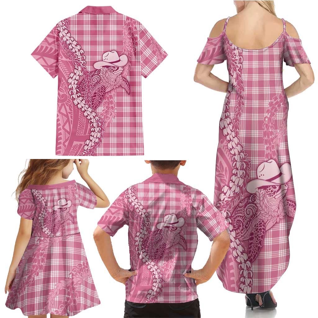 Pink Hawaii Palaka Cowboy Turtle Family Matching Summer Maxi Dress and Hawaiian Shirt Hawaiian Paniolo Puakenikeni Maile Lei DT05 - Polynesian Pride