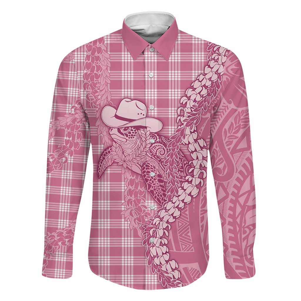 Pink Hawaii Palaka Cowboy Turtle Family Matching Summer Maxi Dress and Hawaiian Shirt Hawaiian Paniolo Puakenikeni Maile Lei DT05 Dad's Shirt - Long Sleeve Pink - Polynesian Pride