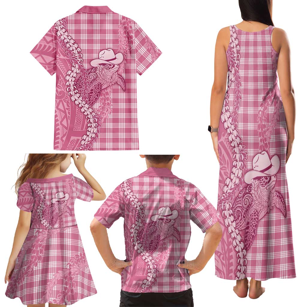 Pink Hawaii Palaka Cowboy Turtle Family Matching Tank Maxi Dress and Hawaiian Shirt Hawaiian Paniolo Puakenikeni Maile Lei DT05 - Polynesian Pride