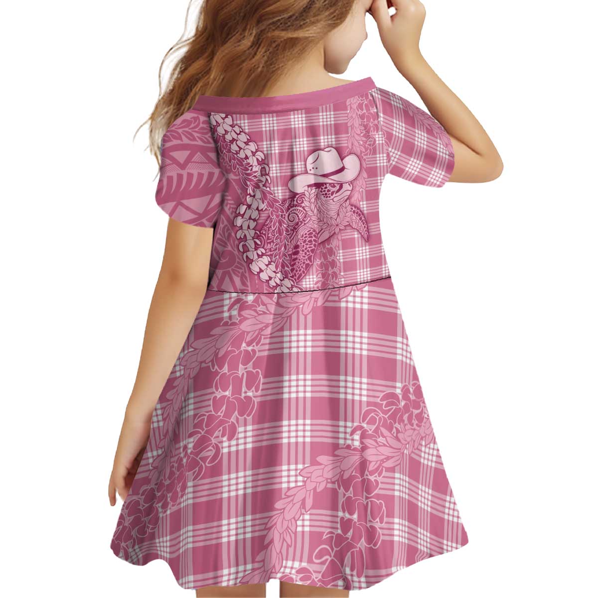 Pink Hawaii Palaka Cowboy Turtle Kid Short Sleeve Dress Hawaiian Paniolo Puakenikeni Maile Lei DT05 - Polynesian Pride