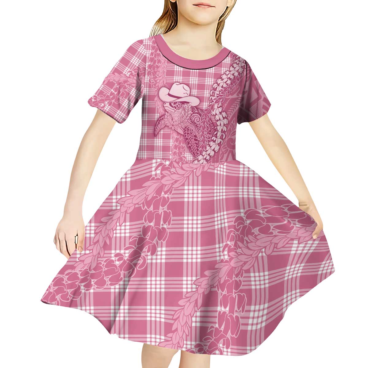 Pink Hawaii Palaka Cowboy Turtle Kid Short Sleeve Dress Hawaiian Paniolo Puakenikeni Maile Lei DT05 - Polynesian Pride