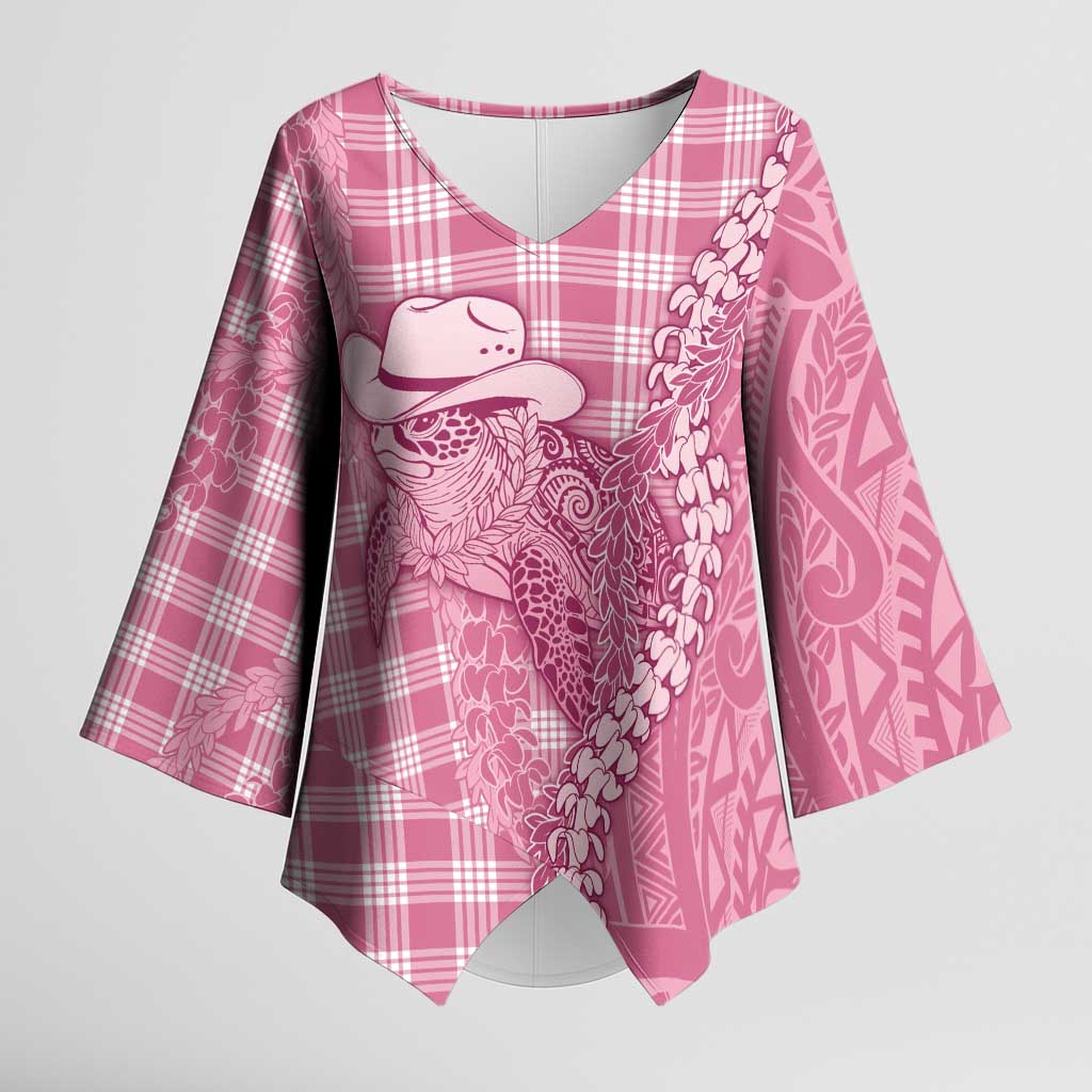 Pink Hawaii Palaka Cowboy Turtle Kimono Sleeve Blouse Hawaiian Paniolo Puakenikeni Maile Lei DT05 Female Pink - Polynesian Pride