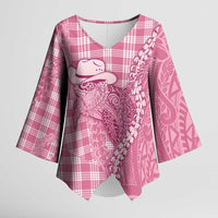 Pink Hawaii Palaka Cowboy Turtle Kimono Sleeve Blouse Hawaiian Paniolo Puakenikeni Maile Lei DT05 Female Pink - Polynesian Pride
