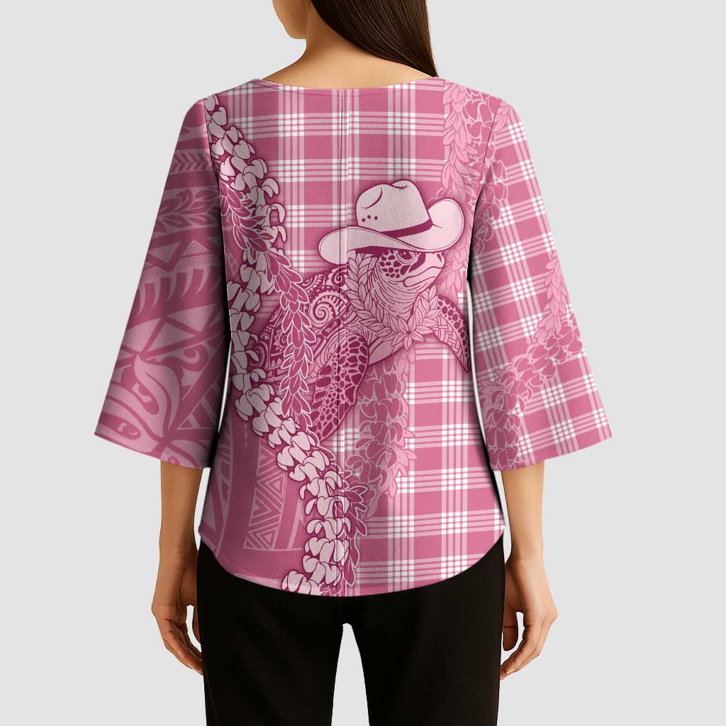 Pink Hawaii Palaka Cowboy Turtle Kimono Sleeve Blouse Hawaiian Paniolo Puakenikeni Maile Lei DT05 - Polynesian Pride