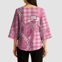 Pink Hawaii Palaka Cowboy Turtle Kimono Sleeve Blouse Hawaiian Paniolo Puakenikeni Maile Lei DT05 - Polynesian Pride