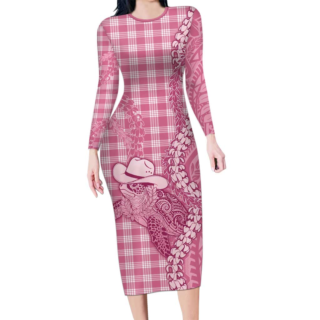 Pink Hawaii Palaka Cowboy Turtle Long Sleeve Bodycon Dress Hawaiian Paniolo Puakenikeni Maile Lei DT05 Long Dress Pink - Polynesian Pride
