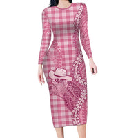 Pink Hawaii Palaka Cowboy Turtle Long Sleeve Bodycon Dress Hawaiian Paniolo Puakenikeni Maile Lei DT05 Long Dress Pink - Polynesian Pride