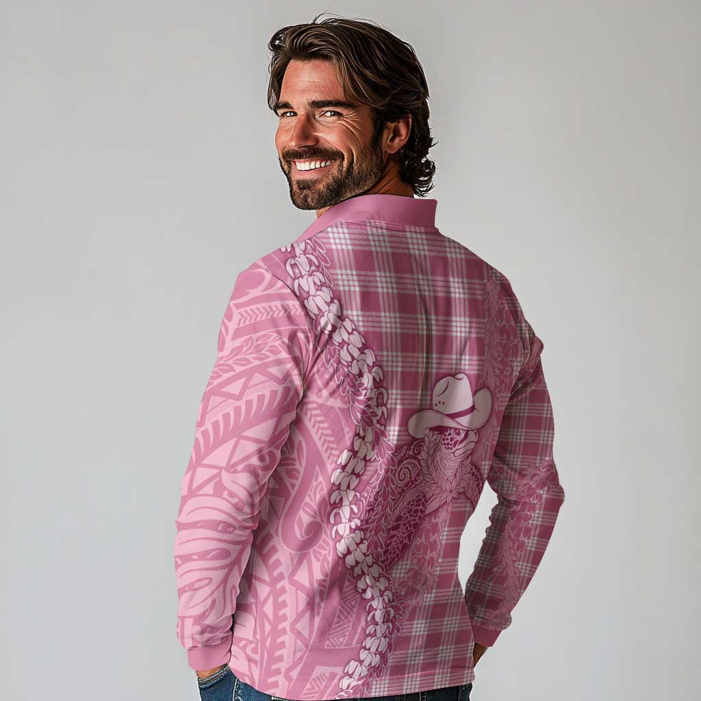 Pink Hawaii Palaka Cowboy Turtle Long Sleeve Polo Shirt Hawaiian Paniolo Puakenikeni Maile Lei DT05 - Polynesian Pride