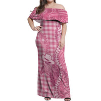 Pink Hawaii Palaka Cowboy Turtle Off Shoulder Maxi Dress Hawaiian Paniolo Puakenikeni Maile Lei DT05 Women Pink - Polynesian Pride