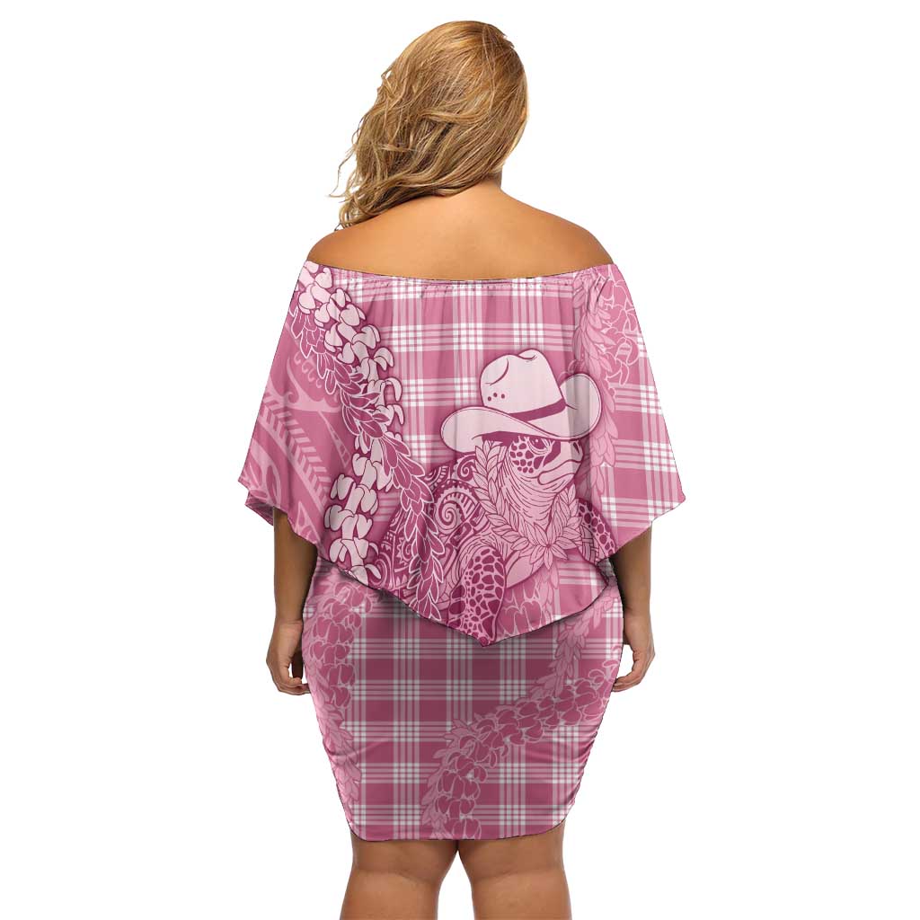 Pink Hawaii Palaka Cowboy Turtle Off Shoulder Short Dress Hawaiian Paniolo Puakenikeni Maile Lei DT05 - Polynesian Pride
