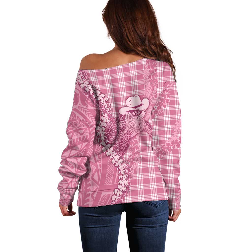 Pink Hawaii Palaka Cowboy Turtle Off Shoulder Sweater Hawaiian Paniolo Puakenikeni Maile Lei DT05 - Polynesian Pride