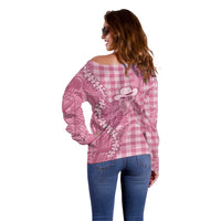Pink Hawaii Palaka Cowboy Turtle Off Shoulder Sweater Hawaiian Paniolo Puakenikeni Maile Lei DT05 - Polynesian Pride