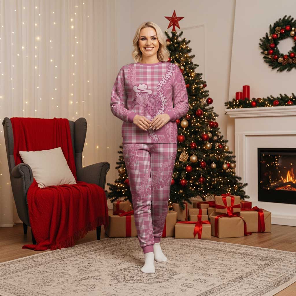Pink Hawaii Palaka Cowboy Turtle Christmas Pajama Set Hawaiian Paniolo Puakenikeni Maile Lei DT05 Women Pink - Polynesian Pride
