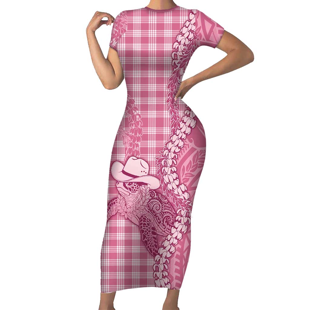 Pink Hawaii Palaka Cowboy Turtle Short Sleeve Bodycon Dress Hawaiian Paniolo Puakenikeni Maile Lei DT05 Long Dress Pink - Polynesian Pride