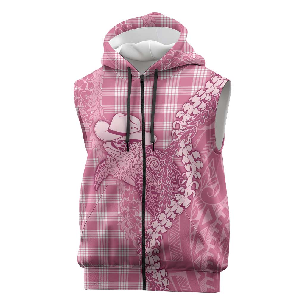 Pink Hawaii Palaka Cowboy Turtle Sleeveless Zip Hoodie Hawaiian Paniolo Puakenikeni Maile Lei - Polynesian Pride